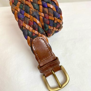 VTG colorful woven leather & fabric belt thick long skinny boho hippie woven unusual 1990’s unisex androgynous trouser belt /open to 34” 