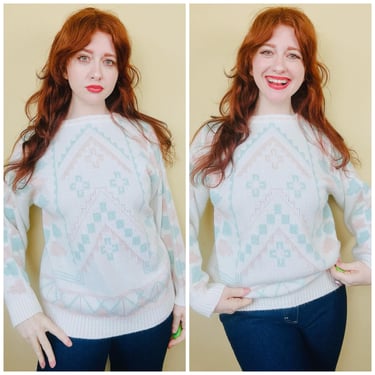 1980s Vintage Cream and Pastel Southwestern Sweater / 80s Knit Mint Green and Pink Sparkle Jumper / Size XL 