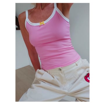 Vintage Bubblegum Pink Ribbed Coquette Tank | Rib Knit Contrasted Summer Cami Top 