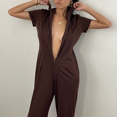 90s jumpsuit / vintage brown polyester knit jersey wide leg collared zip up Express jumpsuit | Medium 