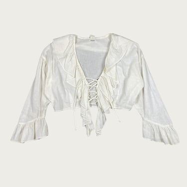 (L) Cropped White Lace Up Ruffle Blouse
