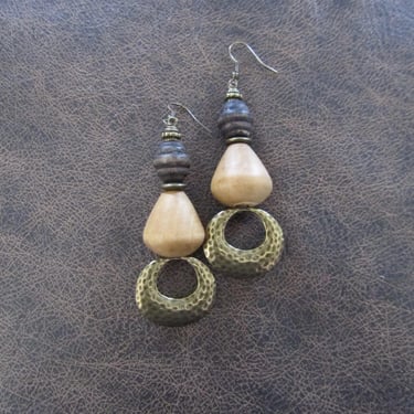 Hammered bronze and wooden mid century modern earrings 