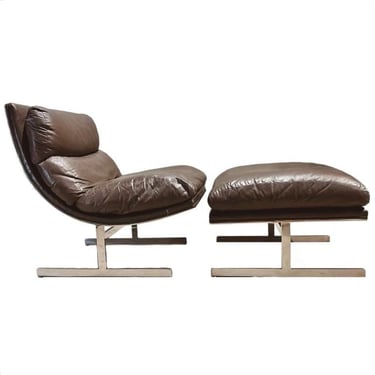 Kipp Stewart Leather/Stainless Steel Lounge Chair Ottoman by Directional, 1970