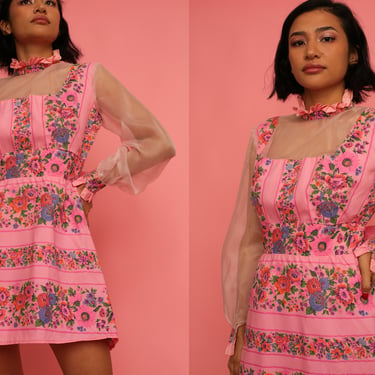 Vintage 1960s 60s Pink Watercolor Floral Long Balloon Sleeve Sheer Mini Dress w/ Bow Detail 