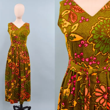 1960s Alice Polynesians Psychedelic Print Jumpsuit, Floral & Leaf Print Jumpsuit, Psychedelic Groovy, Size X-Small by Mo