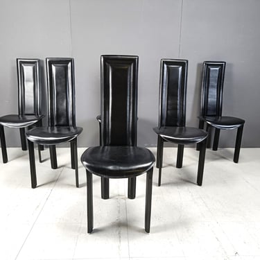 Vintage black leather dining chairs, set of 6, 1980s - vintage italian dining chairs - high back dining chairs 