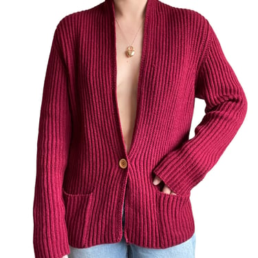 Vintage 1970s Womens Red 100% Shetland Wool Ribbed Fisherman Cardigan Sz M 