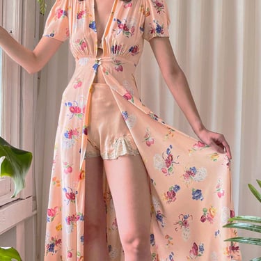 30s Pink Floral Dressing Gown | XS-S