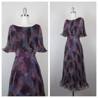 Vintage 1970s Miss Elliette pleated dress, cocktil, formal, semi-formal, moody floral 