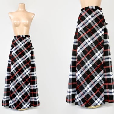 VINTAGE 70s Tartan Plaid Maxi Skirt Kilt With Buckles By JCPenney Fashions 1970s 