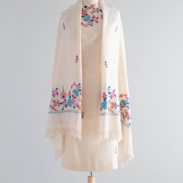 Stunning Late 1950's Embroidered Ivory Wool Sheath Dress & Matching Shawl / SM