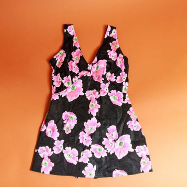 60s Pink Poppies Print Swimsuit Vintage Pink Black Mod Skirt Bathing Suit 