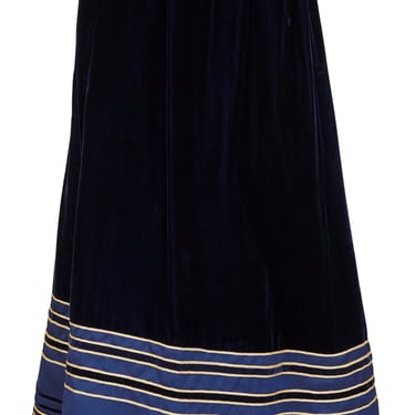 Rizkallah for Malcolm Starr 1970s Vintage Gold & Navy Blue Velvet Maxi Evening Skirt Sz XS 