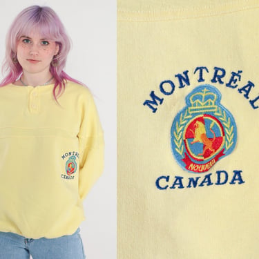 Montreal Quebec Sweatshirt 80s Canada Sweatshirt Yellow Henley Neck Slouchy Crest Pullover 1980s Graphic Travel Vintage Extra Large xl 