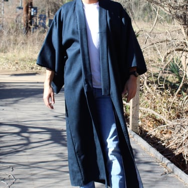 Vintage 1960s Wool Kimono Robe, One Size Men, indigo blue black subtle stripes 