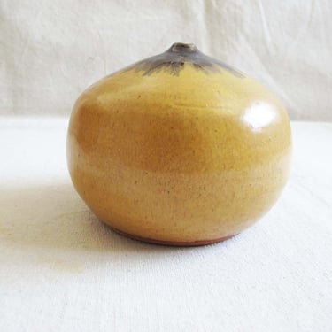 Mid Century Studio Pottery Weed Pot Signed Gafford 1964 - Round Ceramic Bud Vase Tan Brown Earthy Neutral 