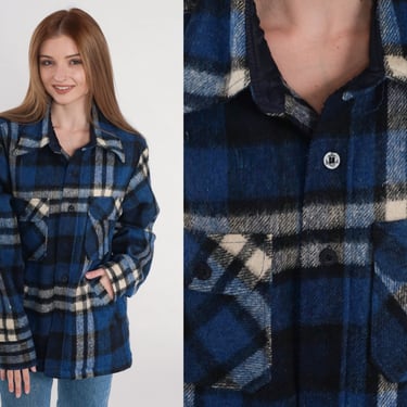 70s Flannel Shirt Blue Plaid Button Up Shirt Wool Blend Retro Long Sleeve Checkered Boyfriend Lumberjack Tartan Vintage 1970s Medium M 
