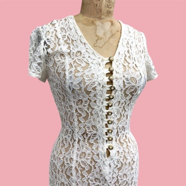 Vintage Dress Retro 1990s J.J Greenwood + Size Medium + White + Sheer + Lace  + Maxi Length + Button-down + Womens Apparel + Made in USA 