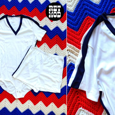 DEADSTOCK Vintage 70s 80s White with Navy Trim Two-Piece V-Neck Leotard & Shorts SET 