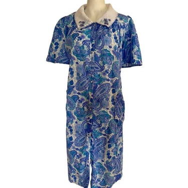 70s 80s Vintage House dress, peter pan collar dress, vintage pearl eye snap Hostess dress, blue floral paisley print dress size small s 