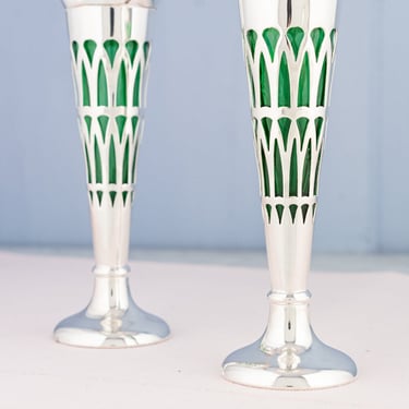 Antique Edwardian Silverplate and Green Glass Vase Pair