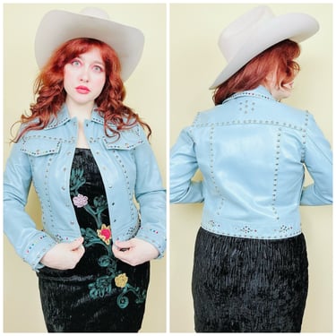 1990s Vintage Wilsons Leather Maxima Baby Blue Leather Jacket / 90s Does 70s Cropped Rainbow Rhinestone Studded Coat / Small 