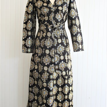 1970s - Glold Lame Damask - Cocktail Gown - Mid Cenury Mod - Party Dress - Wedding Guest 