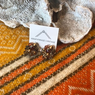 Vintage amber beaded floral clip-on earrings 