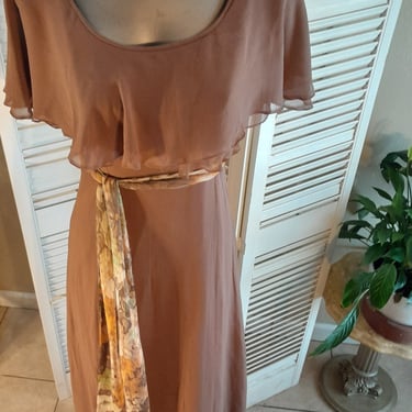 Vintage 70s/20s Silk Georgette Cappuccino Maxi Dress / Fluttery/Flowy/Elegant / Luxe / S/M 