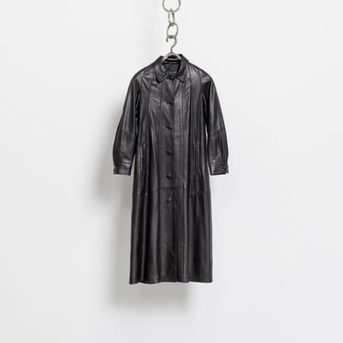 BLACK LEATHER TRENCH Floor Length Vintage Soft Buttery Oversize Swing Coat Jacket / Small 