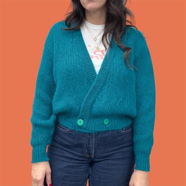 Vintage Cardigan Retro 1980s St. Michael + Turquoise + Teal + Size Small/Medium + Mohair + Acrylic + Knitwear + Wrap Cardi + Womens Apparel 