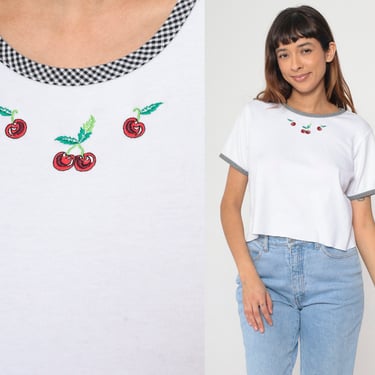 90s Cherry T-Shirt White Gingham Ringer Neck T-shirt Retro Scoop Neck Shirt Short Sleeve Basic Fruit Tshirt Vintage Baby Tee 1990s Small 