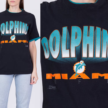 90s Miami Dolphins T Shirt - Unisex Small | Vintage Black Cuffed NFL Football Tee 