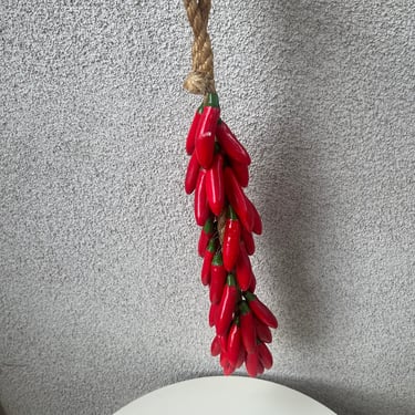 Vintage Mexican Ceramic red Peppers  Hanging Decor On Rope 18” x 6” 