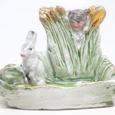 Antique Victorian German Boy Watching Rabbit Match Holder with Striker, Glazed Bisque Bunny, Vintage Germany 