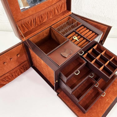 Vintage Jewelry Box Organizer Case Case Mirror Jewelry Box Storage Brown Gold Rings Necklaces Bracelets Brooches 1980s Organization 