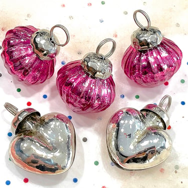 VINTAGE: 5pc - Small Thick Mercury Ornaments - Mid Weight Kugel Style Christmas Ornaments - Unique Find 