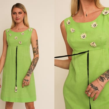 Vintage 1960s 60s Lime Green Empire Waist Babydoll Daisy Sparkle Mini Dress 