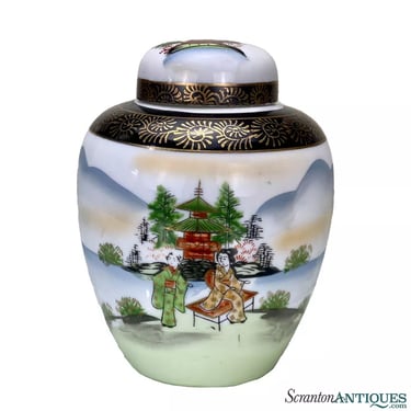 Vintage Japanese Porcelain Landscape Motif Ginger Jar Urn w/ Lid