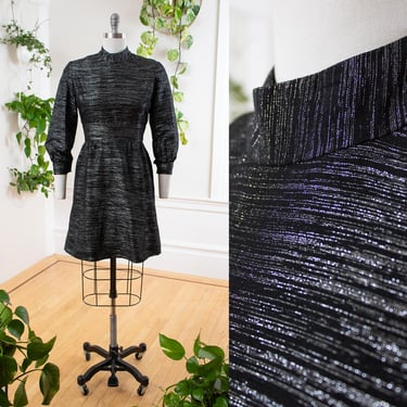 Vintage 1960s Party Dress | 60s Metallic Silver Striped Black Fit and Flare Skater Long Sleeve Mini Cocktail Dress (medium) 