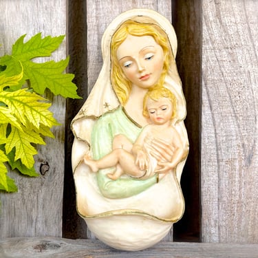 VINTAGE: Italian Madonna and Baby Benetier - Alabaster Wall Hanging Holy Water Stoup - Religious - Virgen, Guadalupe - SKU 26-C2-00034312 