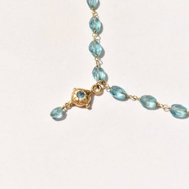 18K Blue Rosary Chain Necklace With Dangle Charm, Cute Blue Pendant Necklace, Victorian Revival, 16