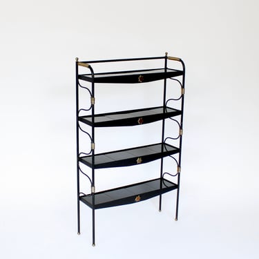 Jacques Adnet French Etagere or Bookshelf Black Metal and Brass 