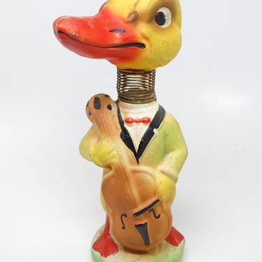 Antique 1930's German Bobble Head Duck with Cello for  Easter, Vintage GERMANY 