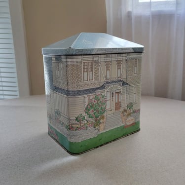 Victorian HOUSE tin can Blue decorative container Metal gift box Lidded tin canister 