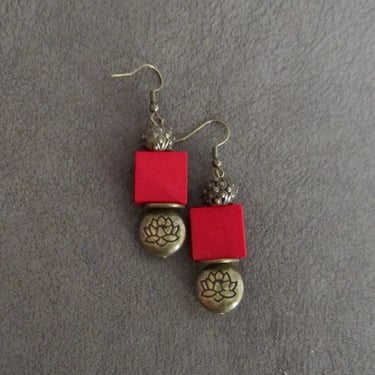 Wooden earrings, bronze lotus flower earrings, bohemian earrings, mid century modern earrings, red earrings, bold statement, unique 