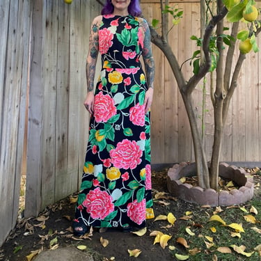 Vintage 1970’s Black and Pink Floral Maxi Dress 