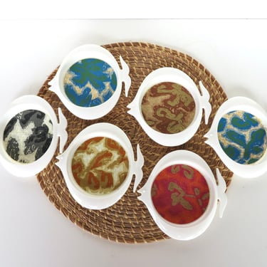 Set of 6 Mod Fish Shaped Coasters WIth Floral Fabric, MCM Tropical Barware Coaster Set 