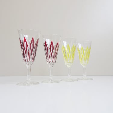 Glasses set by VMC Reims France - sherry glasses with diamond cut - colorful harlequin glasses 