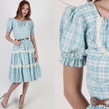 Teal Checkered Barn Dress / Vintage 70s Shadow Plaid Dress / H Bar C Ranch Brand / Prairie Square Dance Mini Dress 